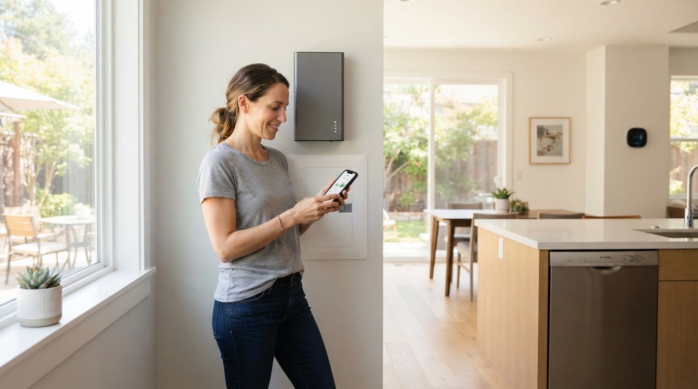 Homeowner using smartphone app next to wall-mounted energy management panel and lithium-ion solar battery in a bright…