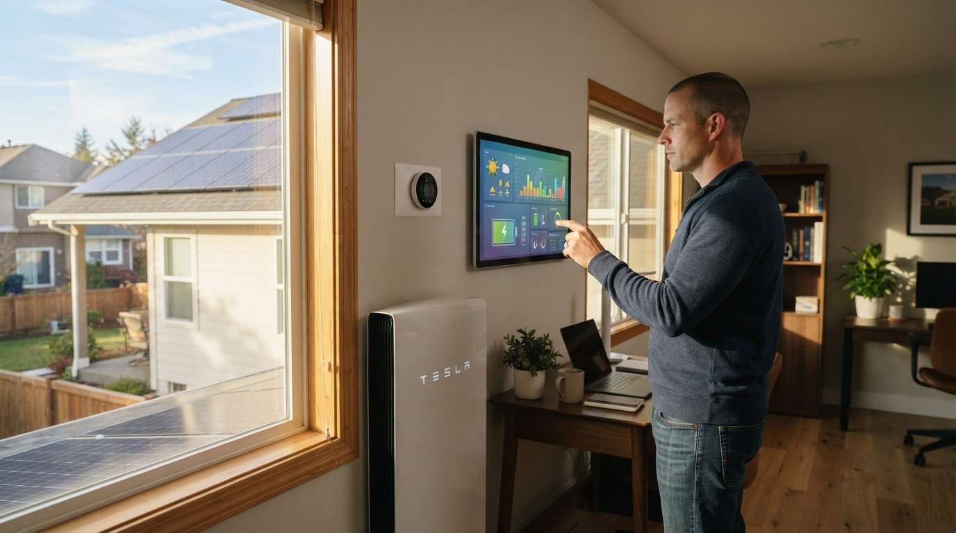 Homeowner in a home office views a wall-mounted tablet with energy graphs beside a window showing rooftop solar panels,…