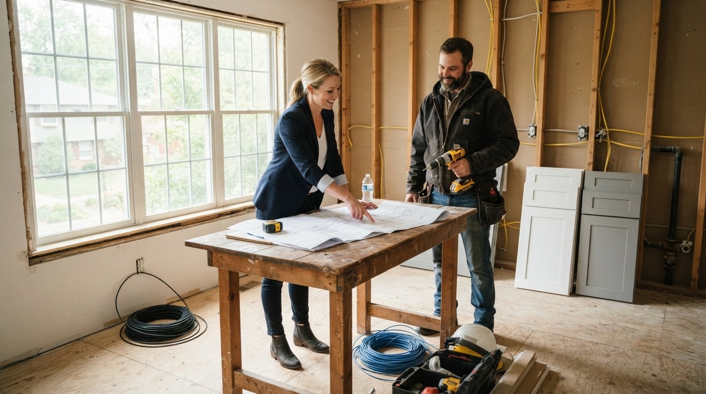 Interior designer points at blueprints on a worktable while a contractor holds a drill in a sunlit kitchen under renovation…
