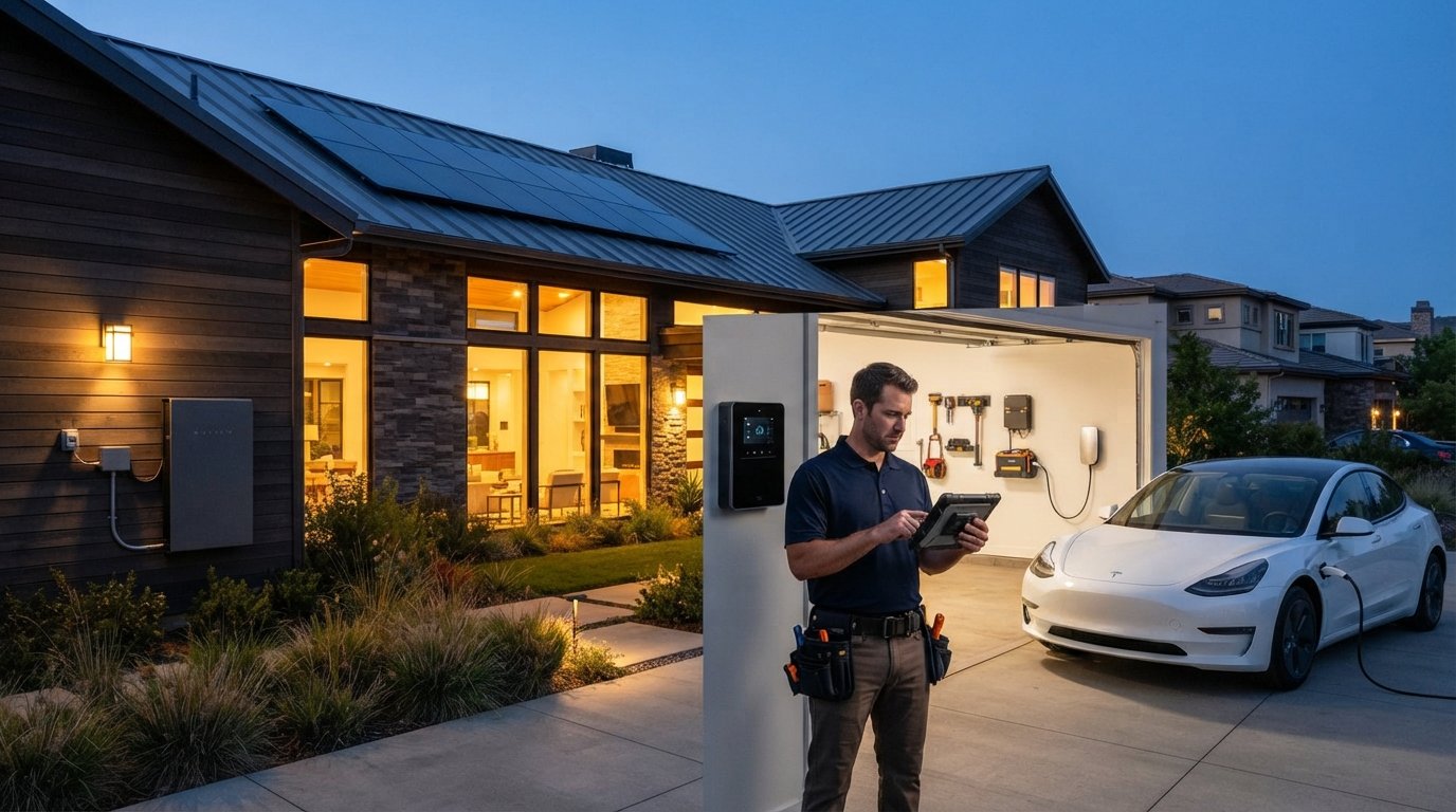 Electrician uses a tablet to configure a home energy management panel beside a wall-mounted battery and an EV charger,…