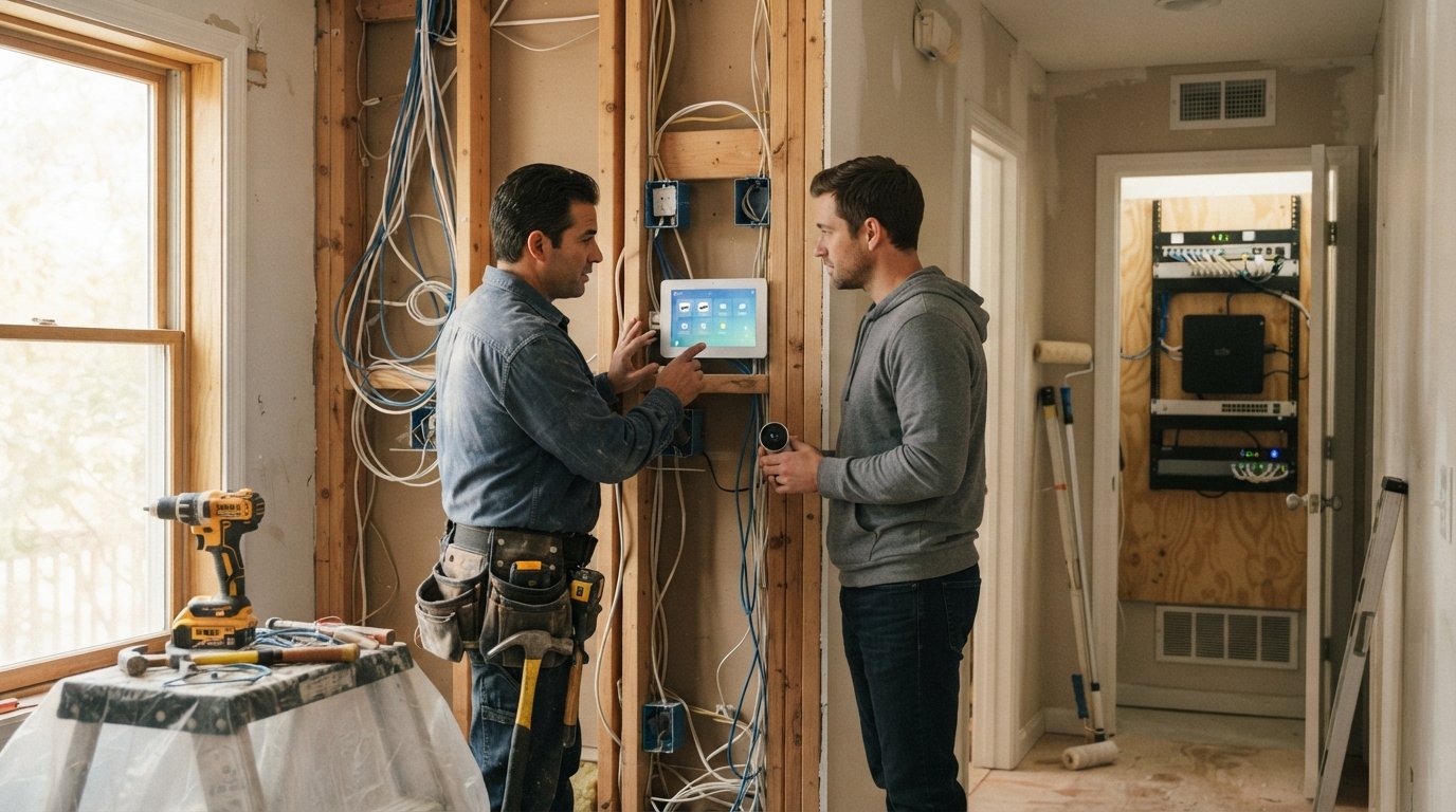 Contractor and homeowner reviewing a wall-mounted smart security touchscreen beside exposed studs, wiring, a stepladder,…