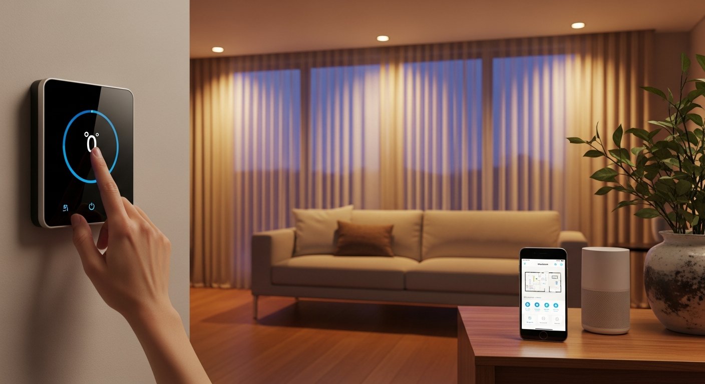 Hand adjusting a wall-mounted smart thermostat in a modern living room at dusk with warm recessed lighting