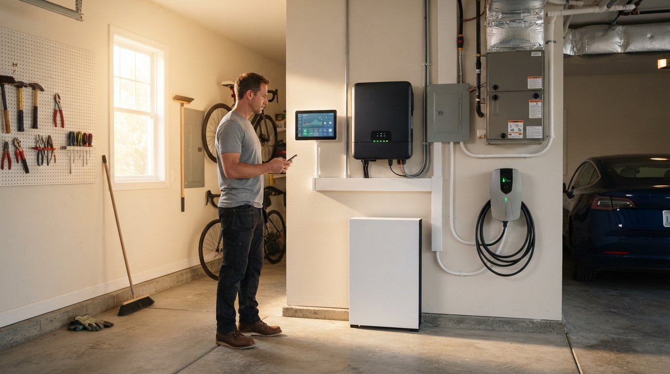Homeowner in casual clothes checking a wall-mounted smart energy monitor next to a solar inverter, battery storage unit,…