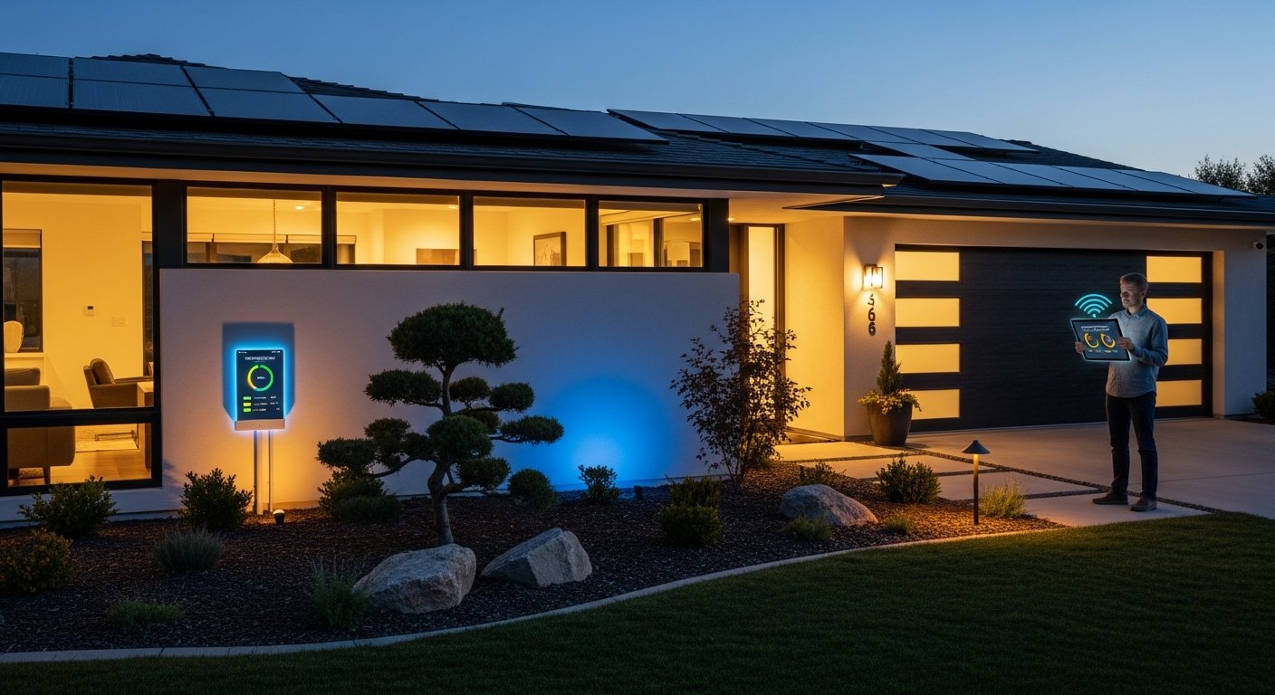 A homeowner stands in a driveway at dusk, holding a tablet displaying an energy dashboard, with solar panels visible on the…