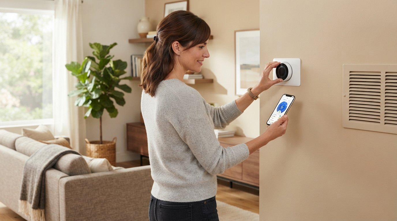 Homeowner in a gray sweater adjusts a white smart thermostat on a beige wall while holding a smartphone showing a…