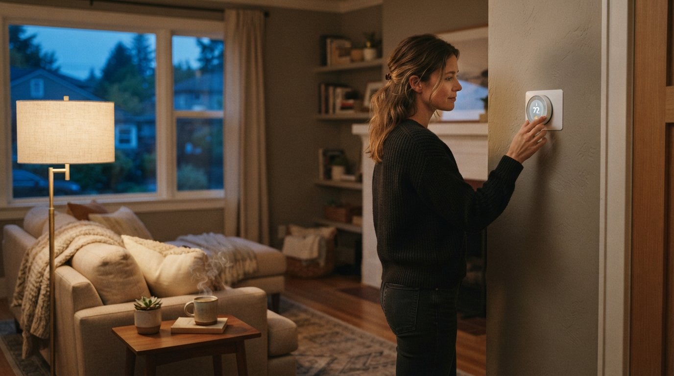 Person's hand reaching toward a white smart thermostat on a warm gray wall, with a beige sofa and coffee mug nearby in a…