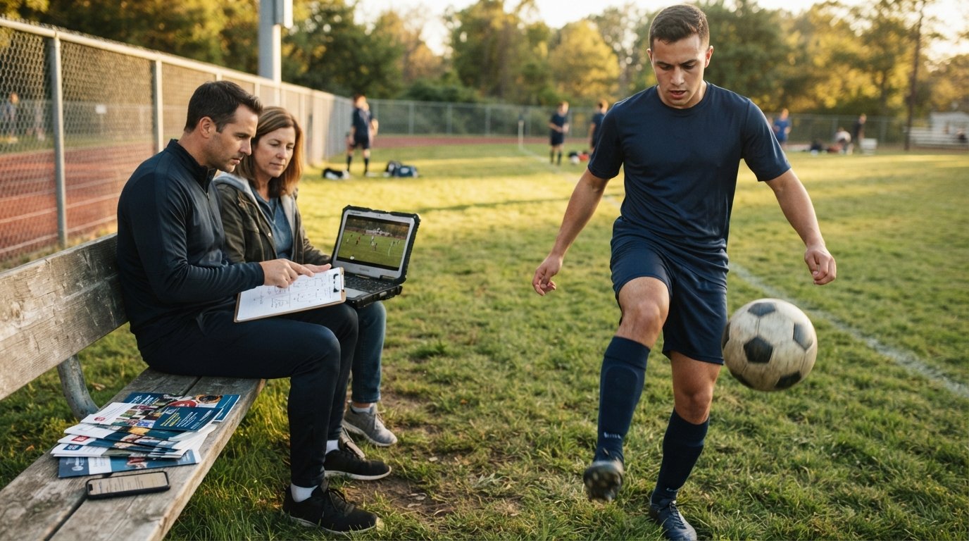 Teenage soccer player in navy kit juggling a ball on a sunny grass pitch as a coach and parent review a clipboard and…