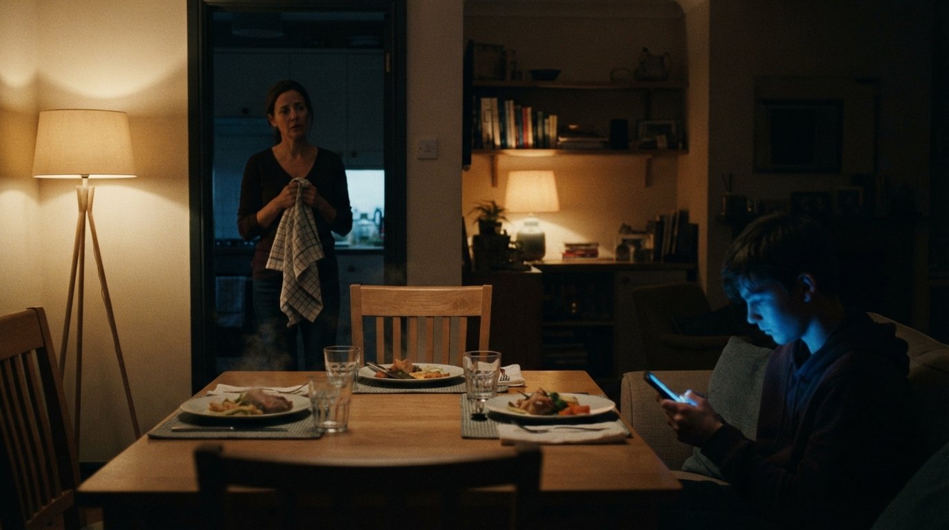 Dim living room at dusk with a glowing smartphone on a dinner table, untouched plates, an empty pushed-back chair, and a…