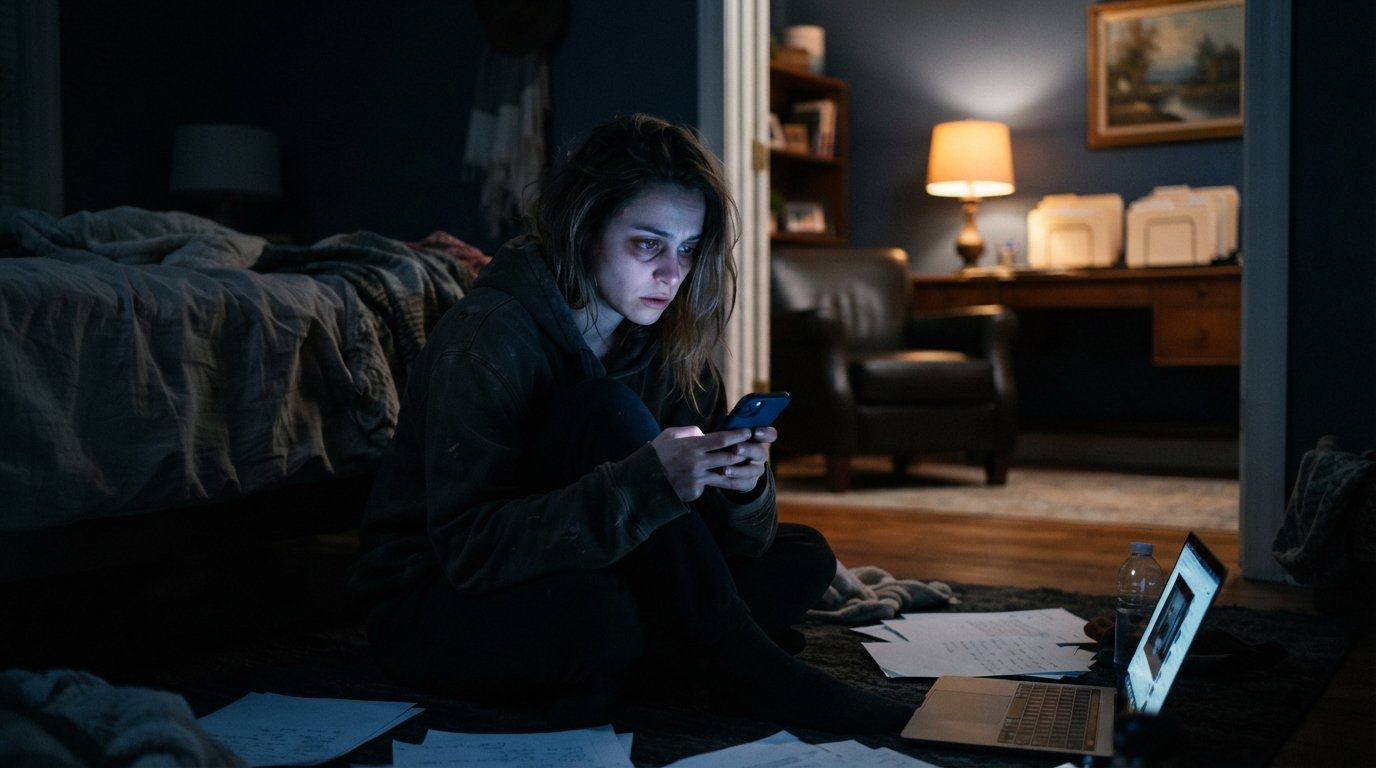 Young adult hunched on a dim bedroom floor at night, face lit by a smartphone's blue glow, surrounded by scattered papers…
