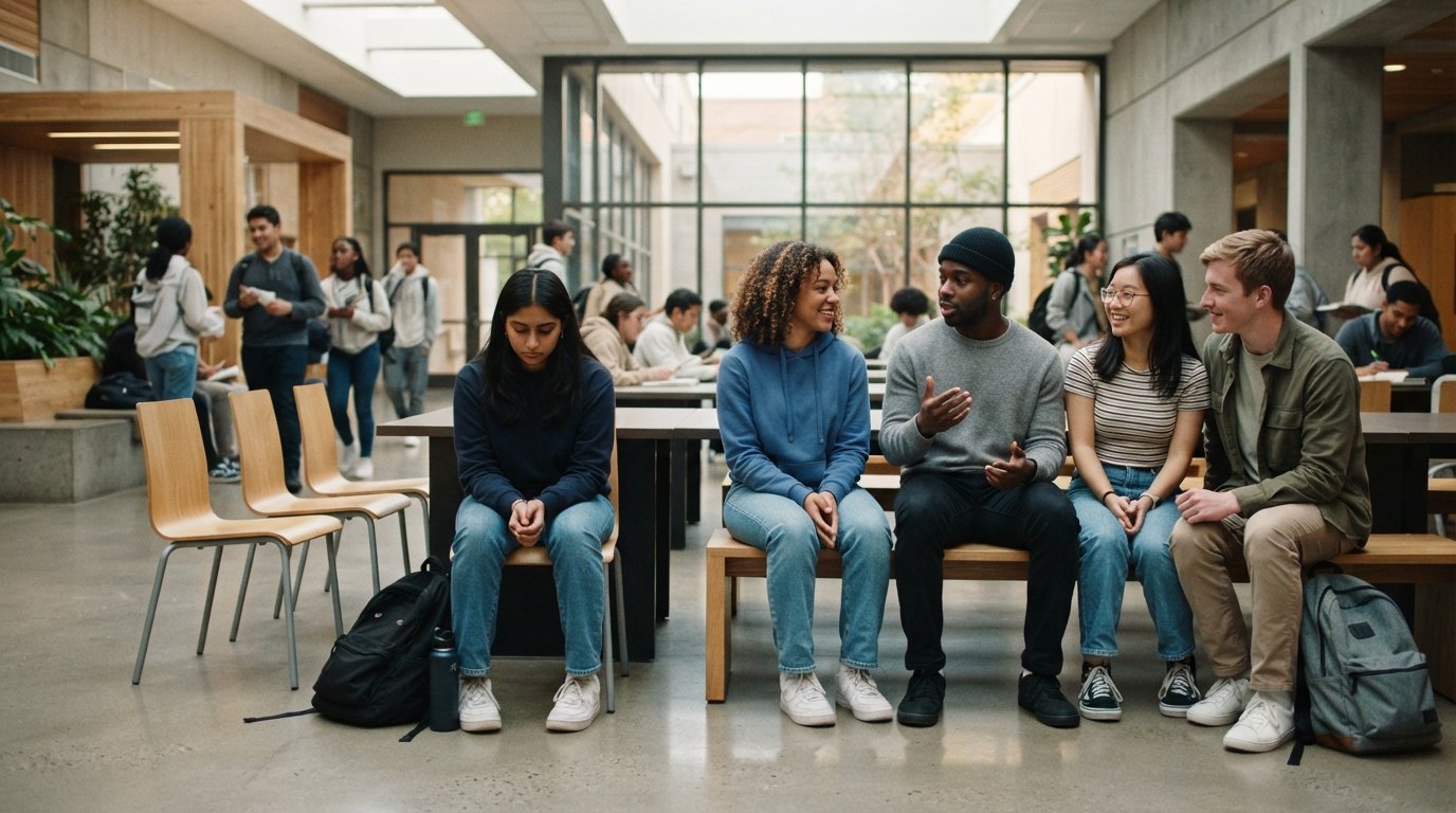 Diverse high school and college students sit together in a bright courtyard, some talking while one looks down; empty…