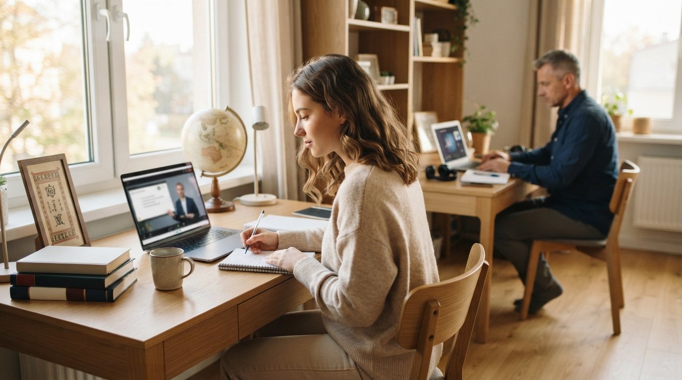 Woman in a sweater studies at a home desk with a laptop showing a video lecture, notebook, coffee mug, textbooks, globe,…