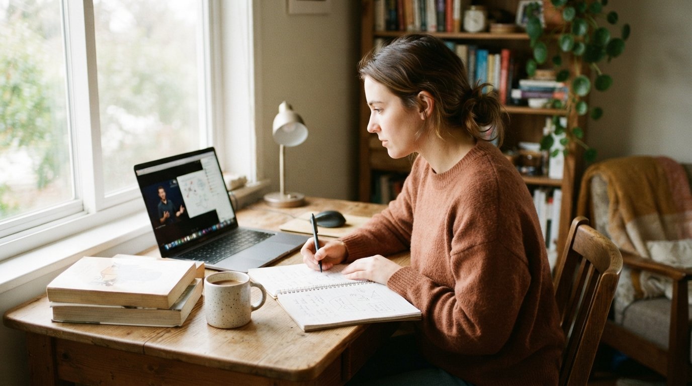 Adult student in a sweater studies at a wooden desk with a laptop showing a video lecture, notebooks, coffee mug, and…
