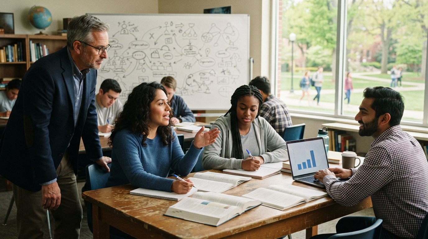 Diverse adult students discuss course materials around a table in a sunlit classroom, with a professor listening nearby.