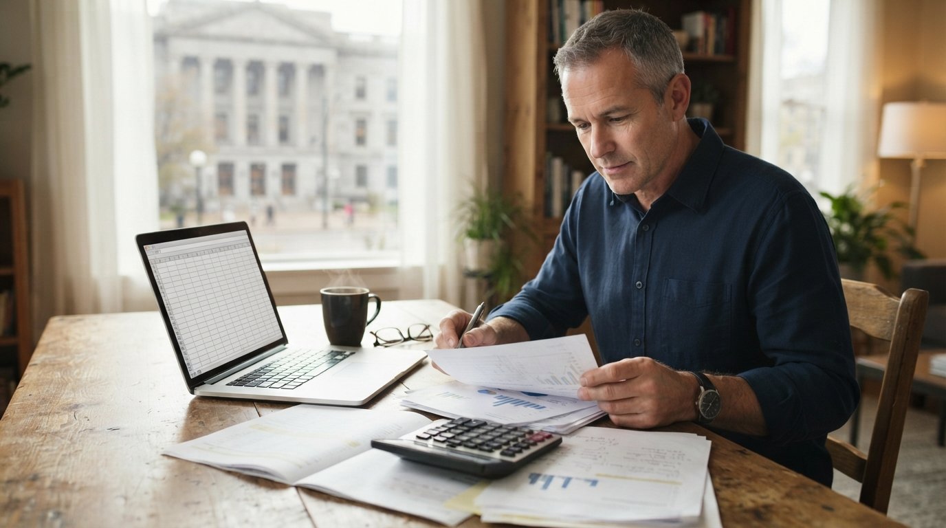Middle-aged man in a blue button-up shirt reviewing documents and a calculator at a wooden kitchen table beside a laptop,…