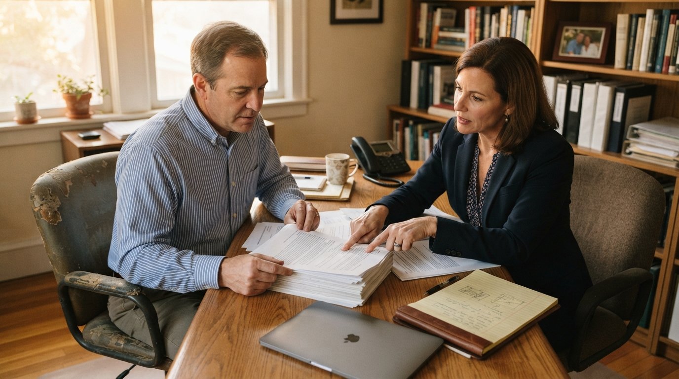 Woman in professional attire points at paperwork while a man in a button-down shirt reviews documents at a wooden desk in a…
