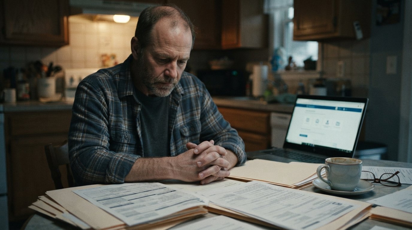 Middle-aged man in plaid shirt sitting at kitchen table, head bowed, hands clasped, with a Social Security denial letter…