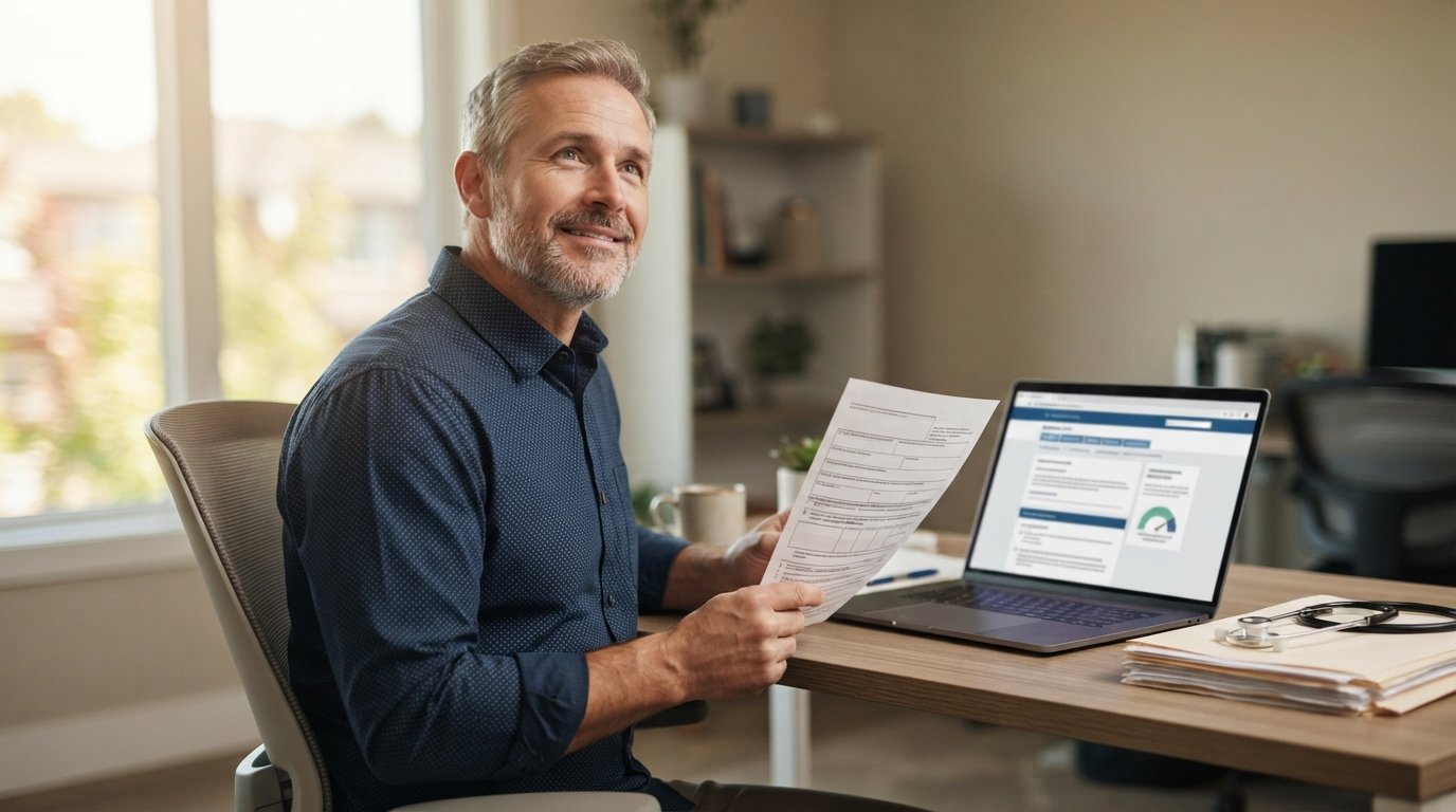 Middle-aged man in a button-up shirt sitting at a desk, holding a printed Social Security form, with a laptop and…