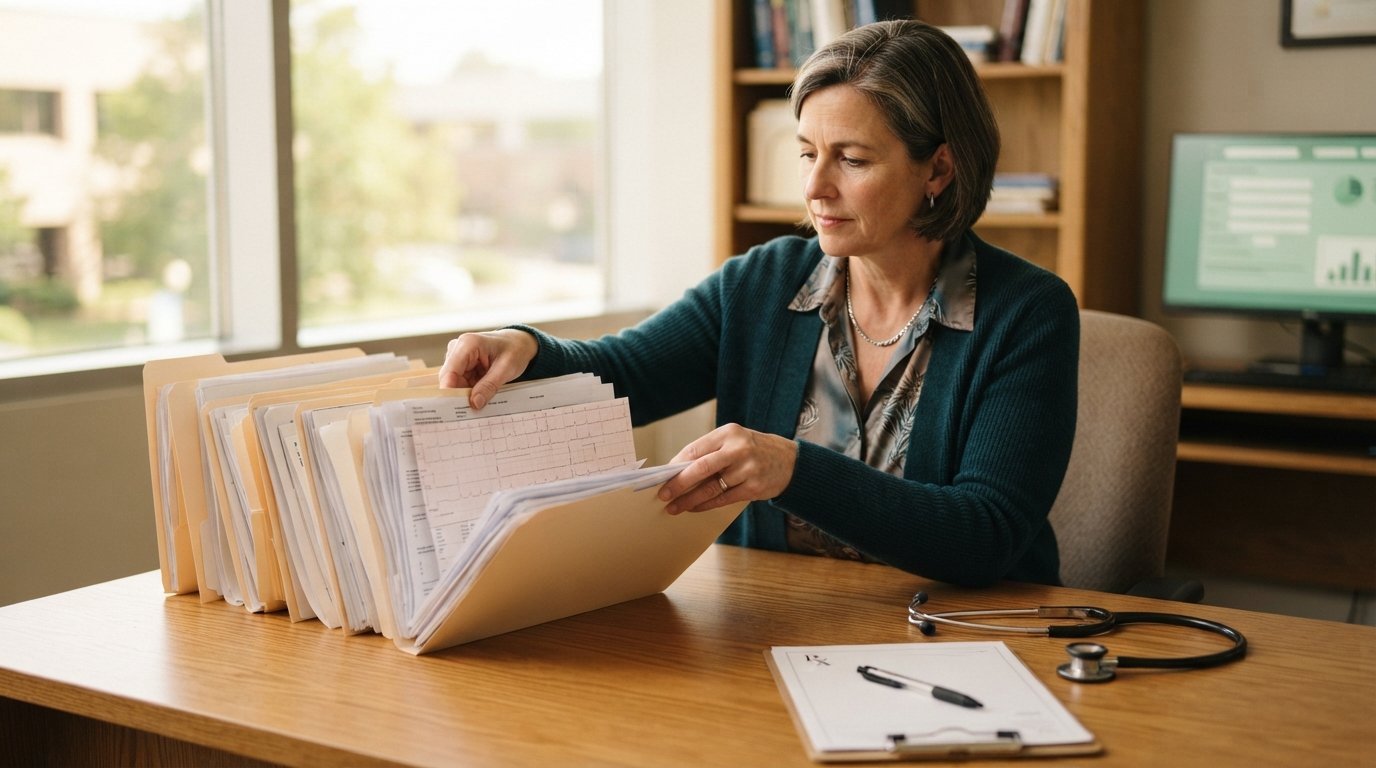Professional sorting medical documents and doctor reports into labeled folders at a desk with a stethoscope nearby