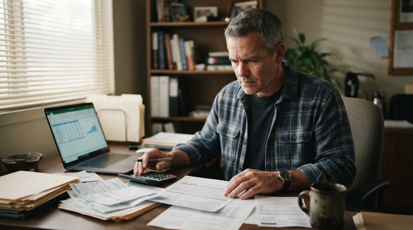 Middle-aged worker at a wooden desk reviewing pay stubs and paperwork beside a calculator and laptop showing a spreadsheet