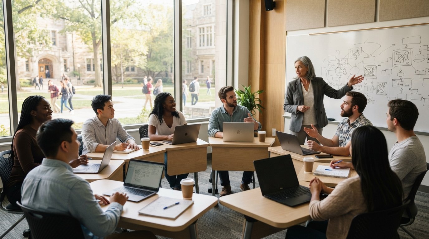 Graduate students seated in a semicircle in a bright seminar room, discussing with a professor gesturing near a whiteboard