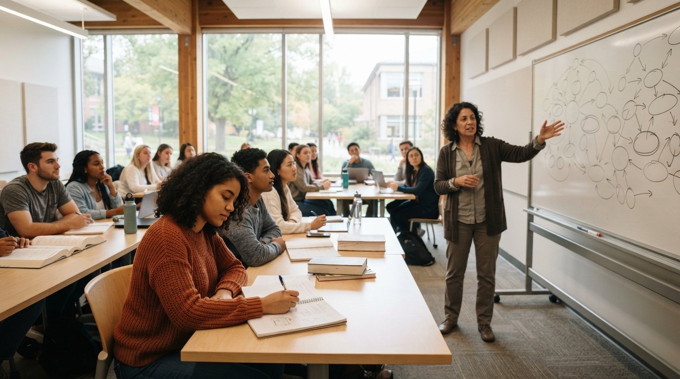 Diverse students take notes in a sunlit classroom as an instructor gestures toward a whiteboard of interconnected circles…