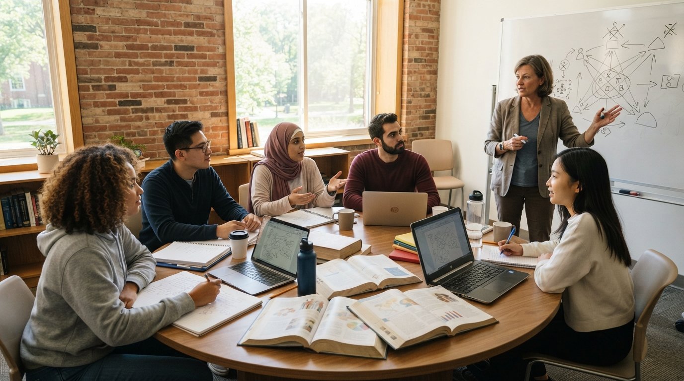 Diverse college students discuss around a circular table with notebooks and laptops in a bright brick-walled seminar room…