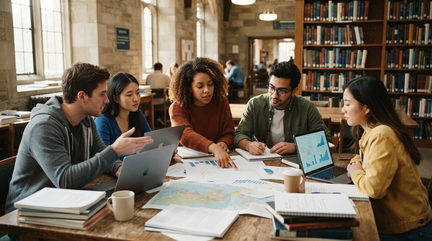 Graduate students gathered around a sunlit library table reviewing statistical charts and research papers with laptops open…