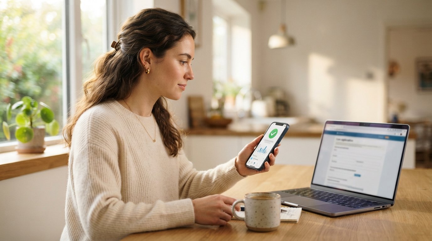Person at a kitchen table holding a smartphone showing a green checkmark on a credit report, with a laptop open beside a…
