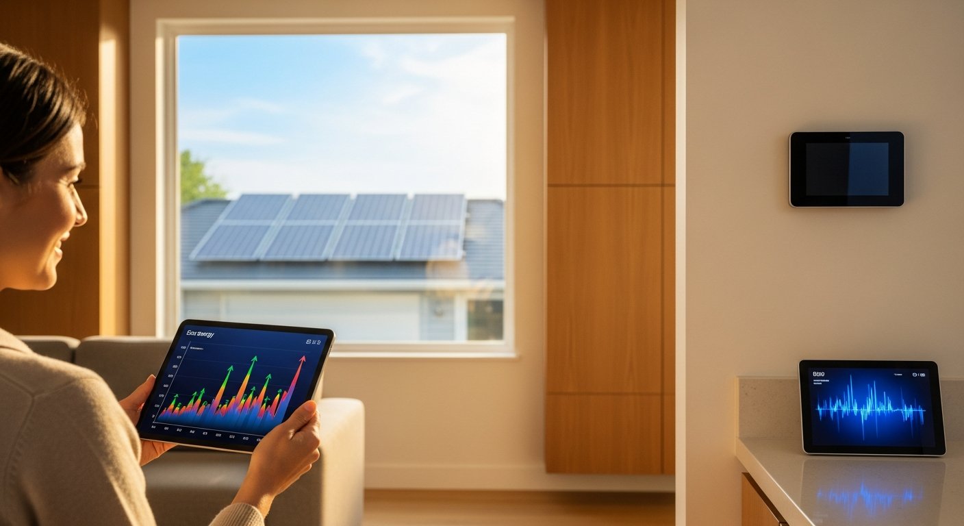 Homeowner holding a tablet with solar production graphs, rooftop panels visible through window