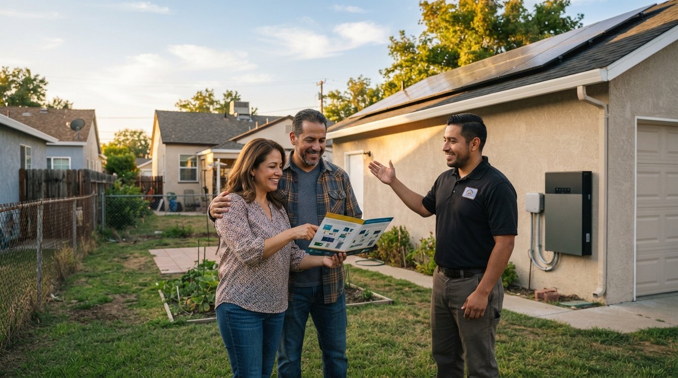 Couple reviews a financing brochure in their backyard as a contractor points to rooftop solar panels and a wall-mounted…