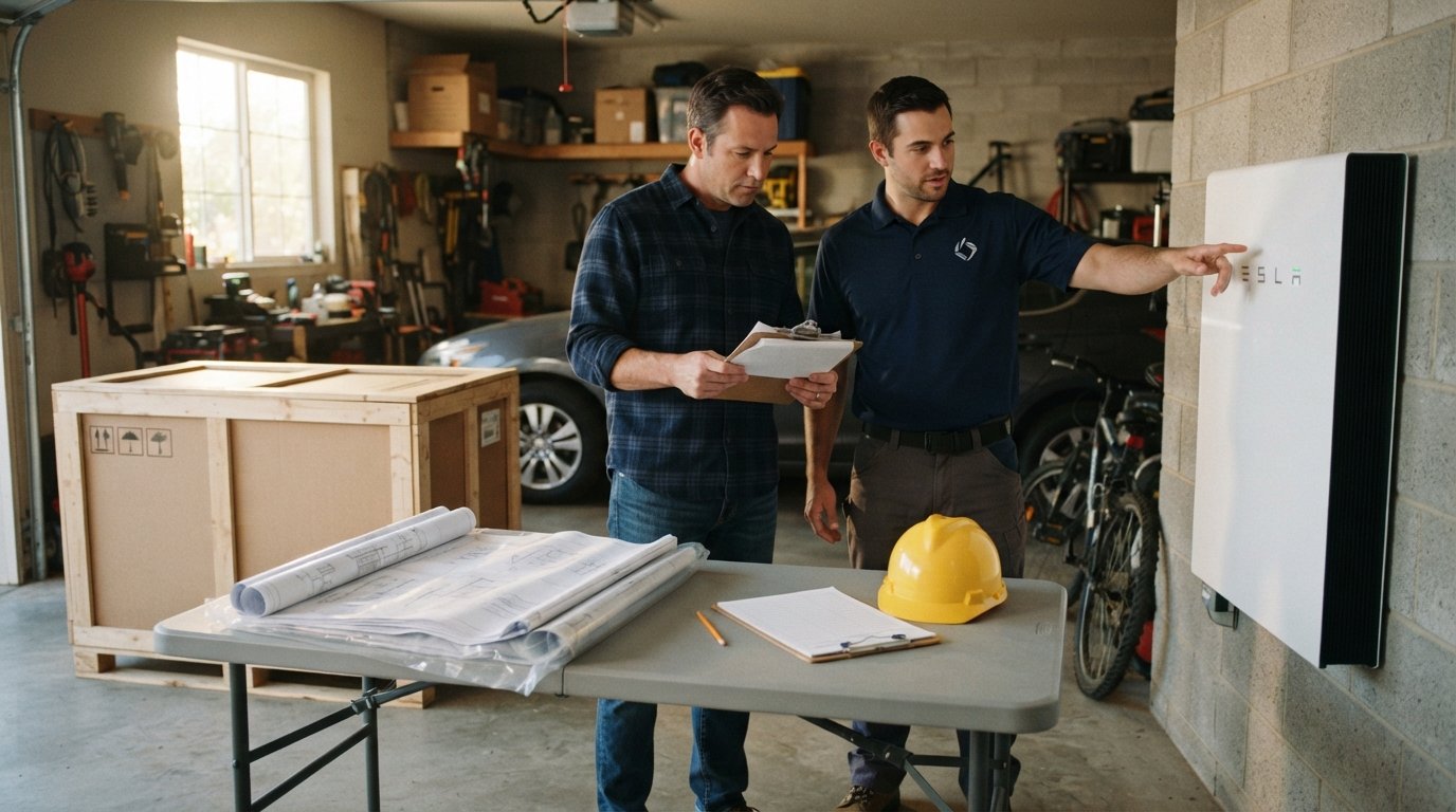 Homeowner and solar installer review blueprints and a checklist in a garage beside a solar panel crate, hard hat, and…