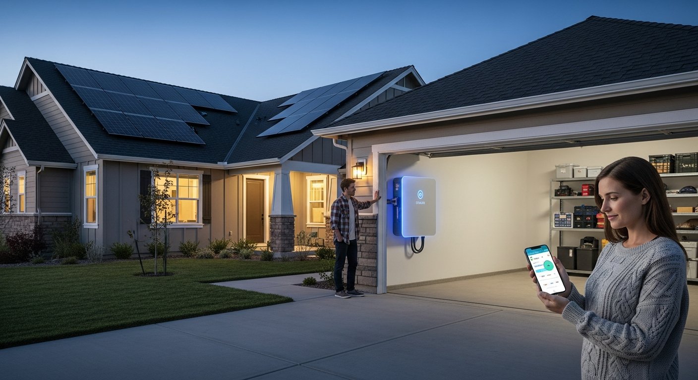 A middle-aged man and woman stand beside a wall-mounted lithium-ion battery in a garage, while roof solar panels and a…