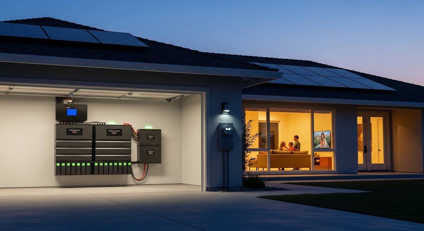 Wall-mounted lithium-ion solar batteries in a garage with glowing status lights, as a family watches TV inside the lit home…