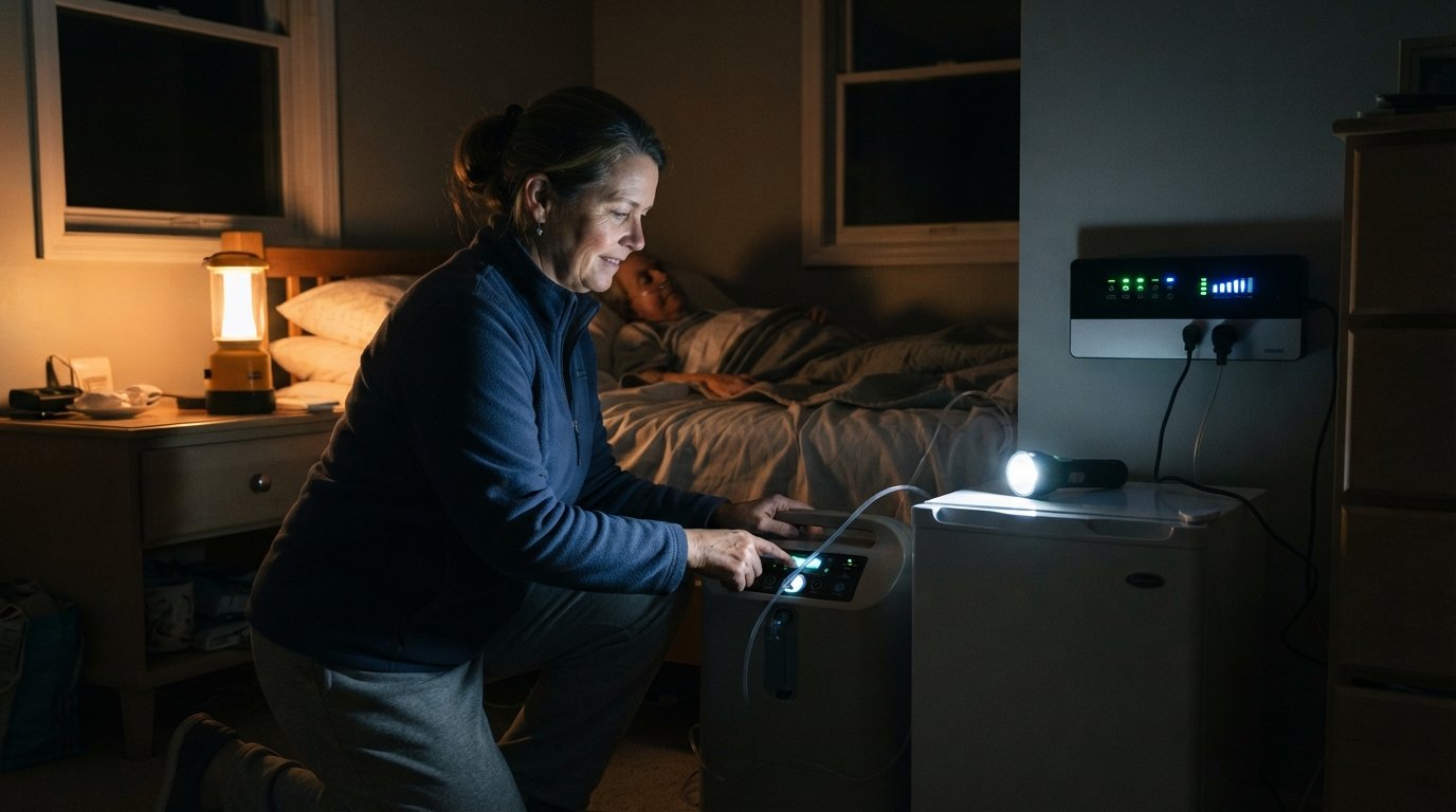 Caregiver with a flashlight checks a bedside oxygen concentrator and medication refrigerator running on a wall-mounted…