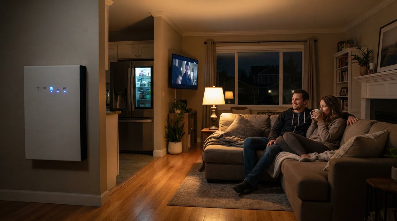Couple relaxing in a warmly lit living room at night while a wall-mounted solar battery unit glows in the garage and dark…