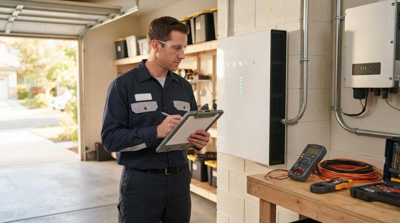 Solar installer in navy shirt and safety glasses checks a wall-mounted home battery in a garage, holding a clipboard with…