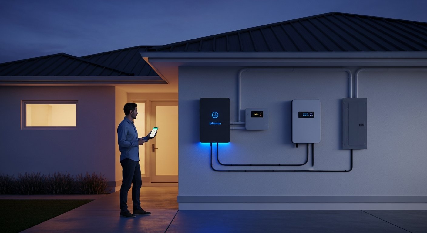 A man in casual clothes stands in a garage next to a wall-mounted lithium-ion solar battery with a blue LED indicator,…