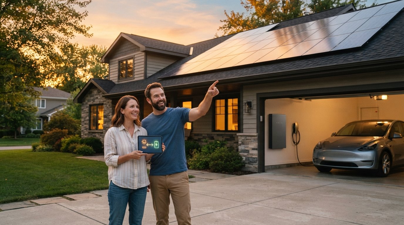 Couple in driveway at sunset beside home solar panels, wall battery, and EV charger, one holding tablet with energy graph