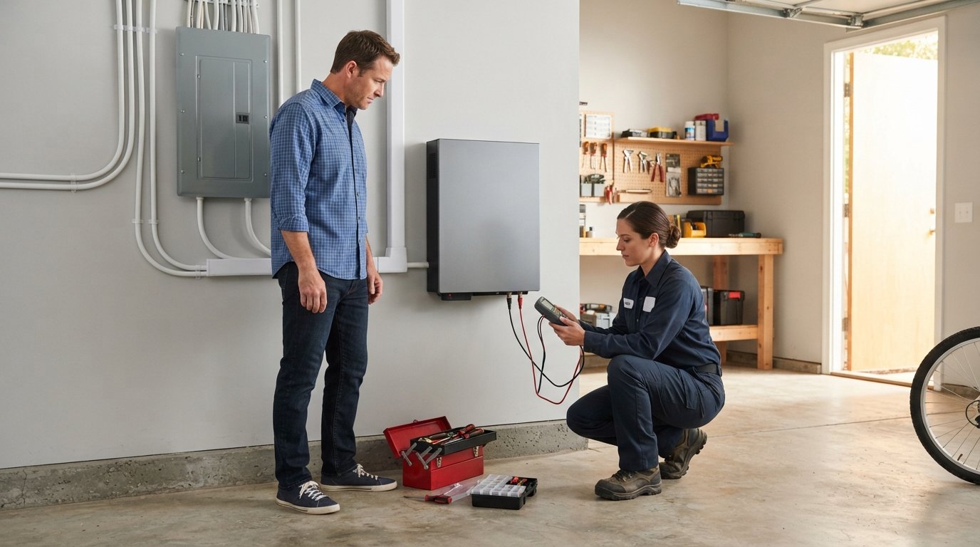Homeowner and installer in a garage reviewing a digital meter on a wall-mounted lithium-ion solar battery unit