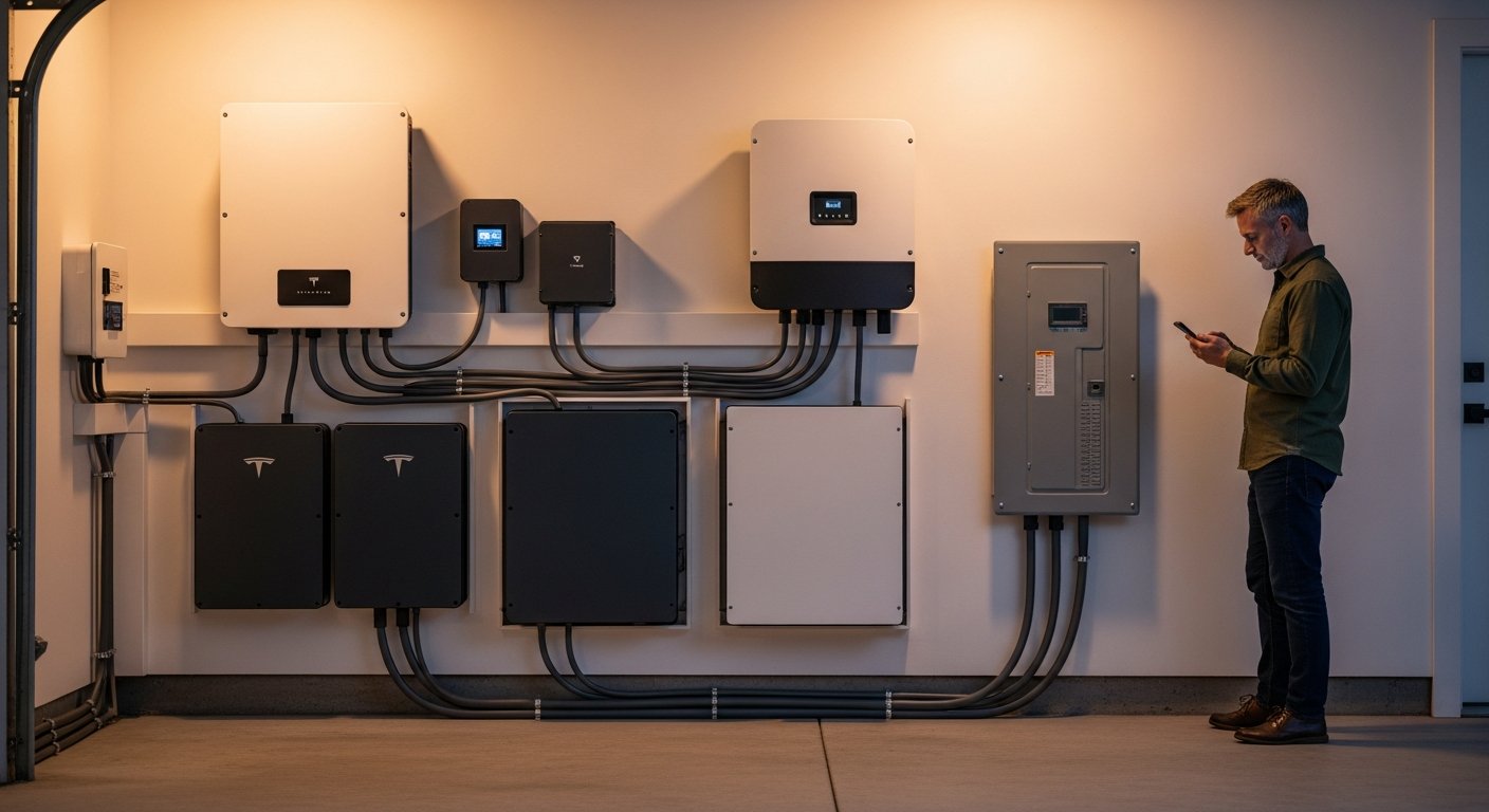 Homeowner beside wall-mounted lithium-ion battery units and inverter, checking smartphone app in a lit garage