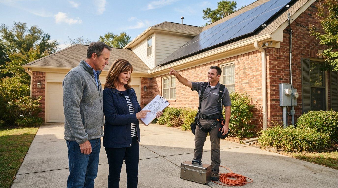 Couple and installer reviewing a solar panel layout diagram on a clipboard in a suburban driveway, with panels being…
