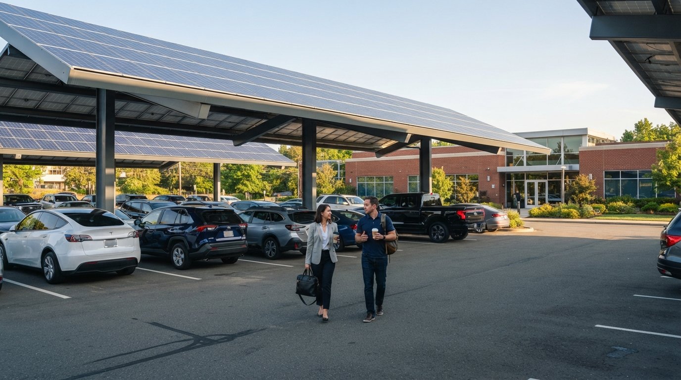 Wide view of a steel solar carport canopy with dark blue photovoltaic panels shading parked sedans, SUVs, and a white…