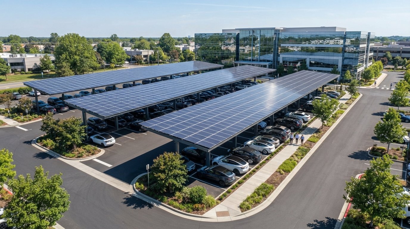 Aerial view of a commercial parking lot with cars shaded by elevated solar panel canopies above white-lined parking spaces