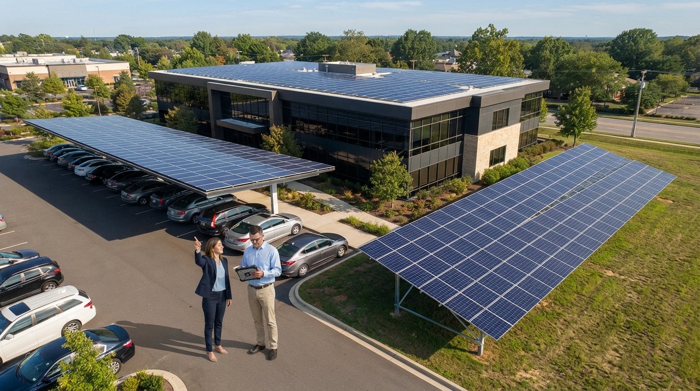 Aerial view of a commercial property with rooftop solar panels, a ground-mounted array on grass, and a solar carport over…