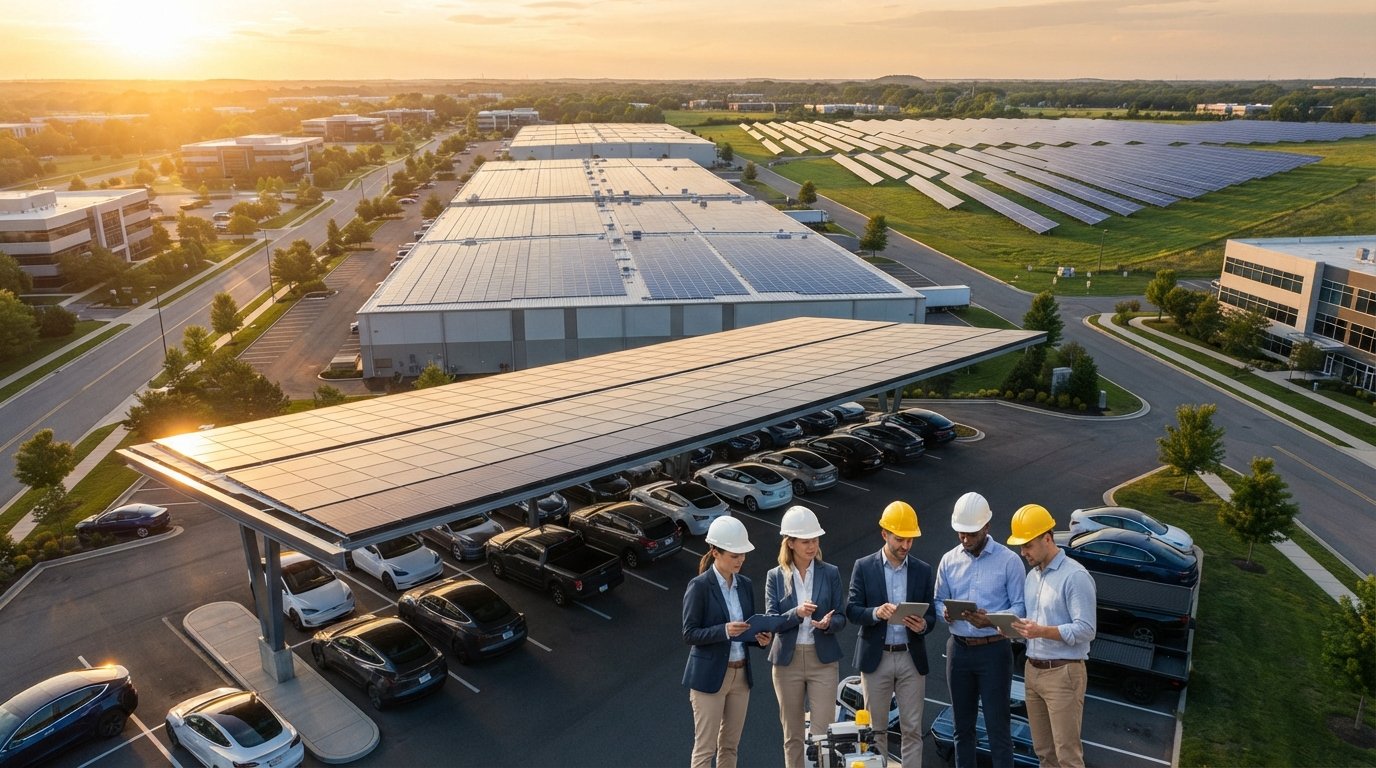 Aerial view of a business park with a solar carport shading electric vehicles, rooftop panels on a warehouse, and a…