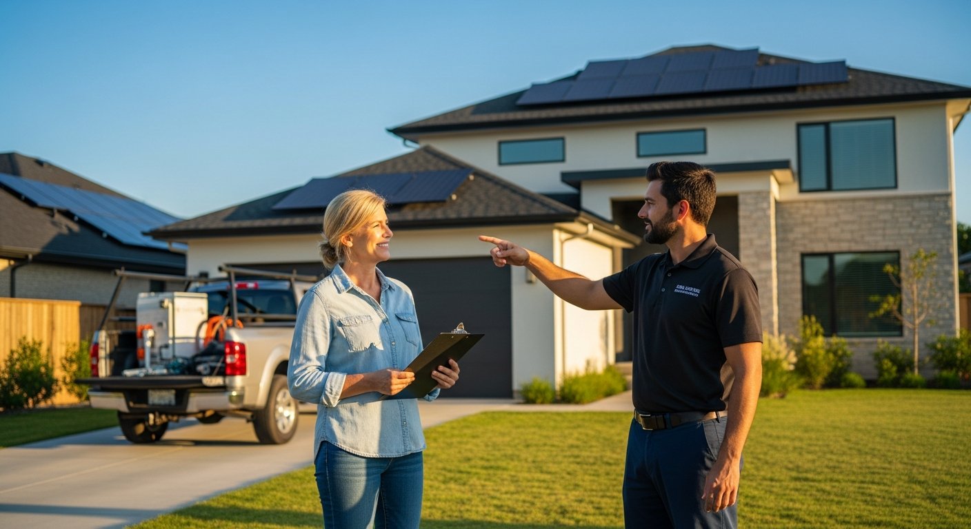 Smiling homeowner with clipboard talks to solar installer pointing at roof-mounted photovoltaic panels on a modern house…