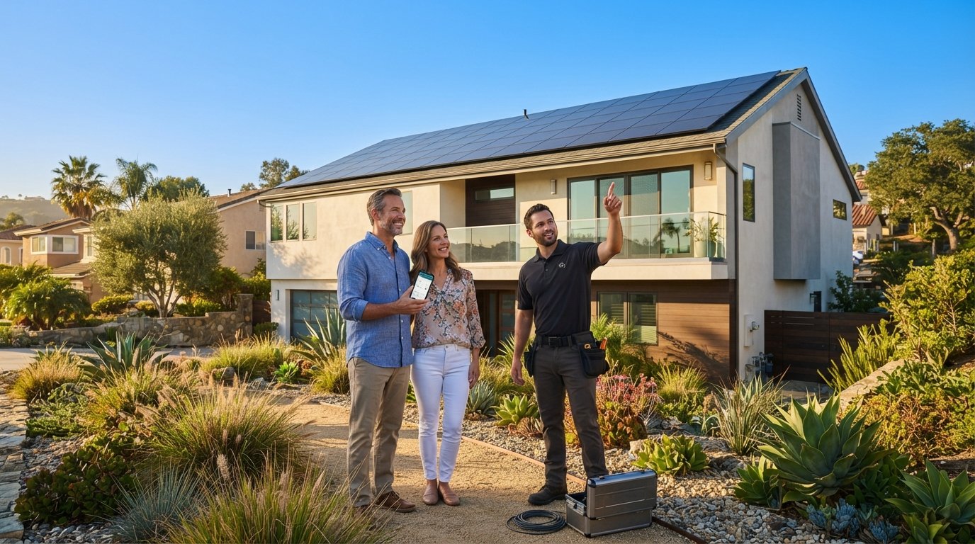 Solar panels on a California home roof as an installer points to them while a couple views data on a smartphone.