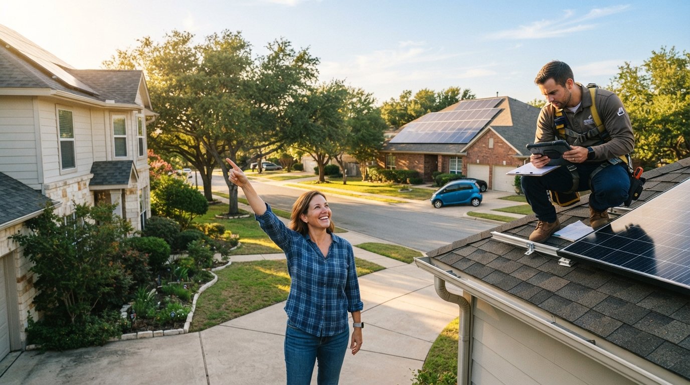 Smiling homeowner points to solar panels on their roof while a uniformed installer checks the mounting system with a tablet…