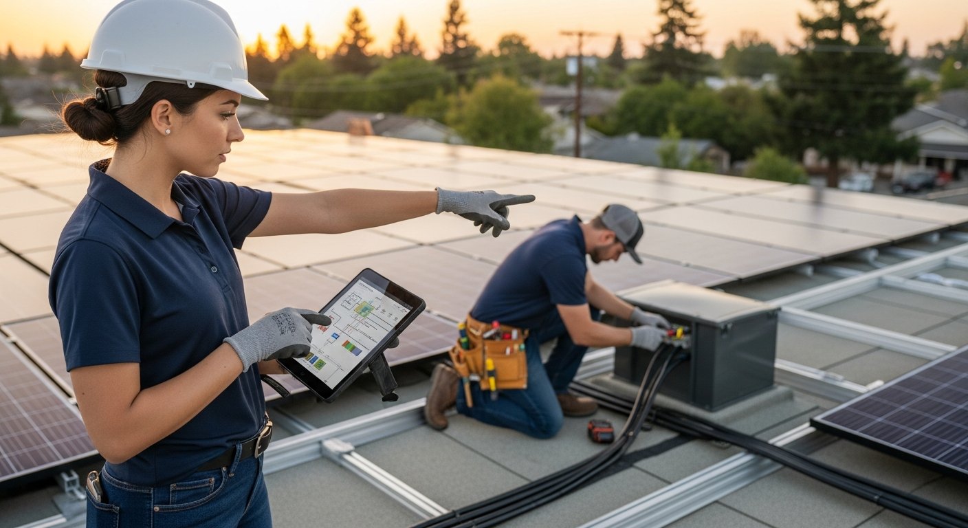 Female solar contractor in navy polo and hard hat reviews a tablet on a residential rooftop, pointing at junction box…