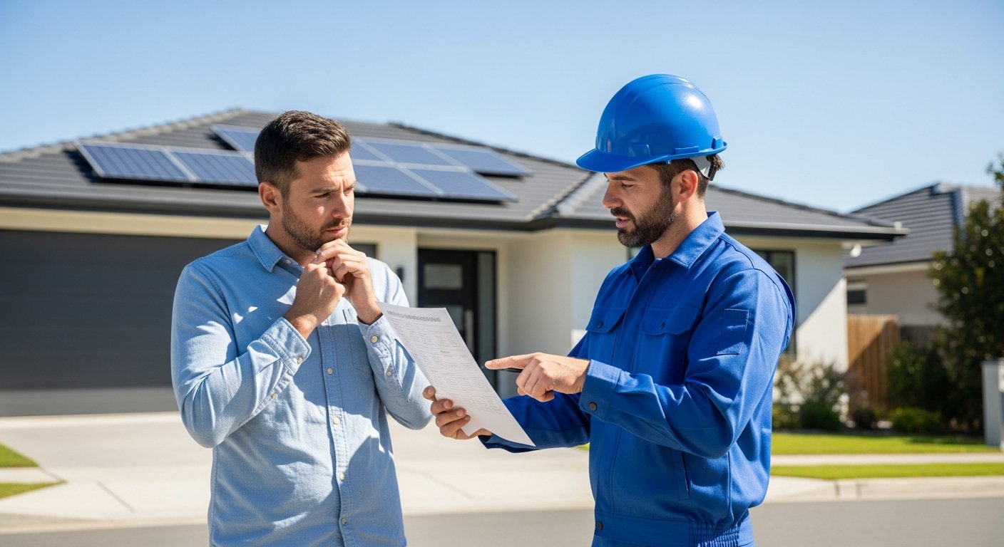Solar installer in blue uniform and hard hat points to a paper sheet held by a homeowner in casual clothes, both standing…